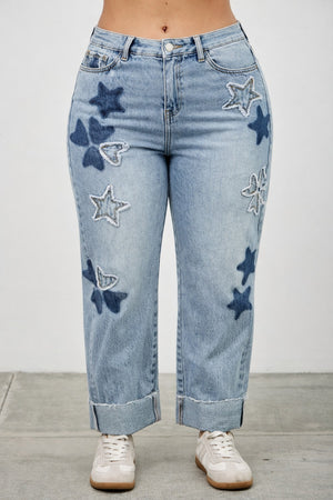 P81108L, PLUS HIGH RISE PATCHED DAD JEAN WITH STRETCH