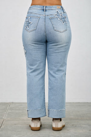 P81108L, PLUS HIGH RISE PATCHED DAD JEAN WITH STRETCH