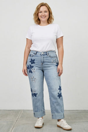 P81108L, PLUS HIGH RISE PATCHED DAD JEAN WITH STRETCH