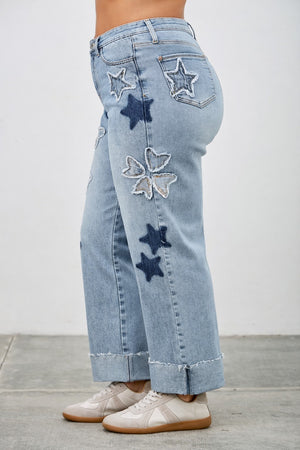 P81108L, PLUS HIGH RISE PATCHED DAD JEAN WITH STRETCH