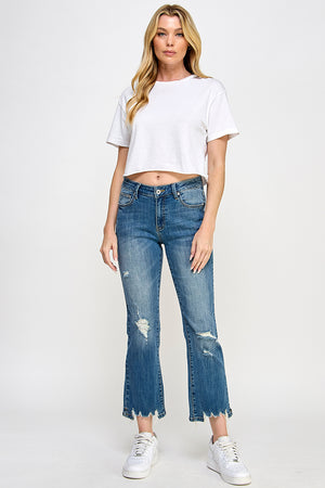 P8057D, MID RISE DISTRESSED KICK FLARE WITH STRETCH