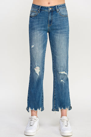 P8057D, MID RISE DISTRESSED KICK FLARE WITH STRETCH
