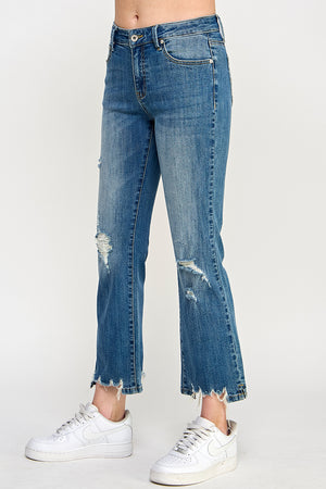 P8057D, MID RISE DISTRESSED KICK FLARE WITH STRETCH