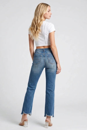 P8057D, MID RISE DISTRESSED KICK FLARE WITH STRETCH