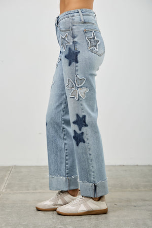 P8110L, HIGH RISE STAR & HEART PATCHED DAD JEAN W/STRETCH