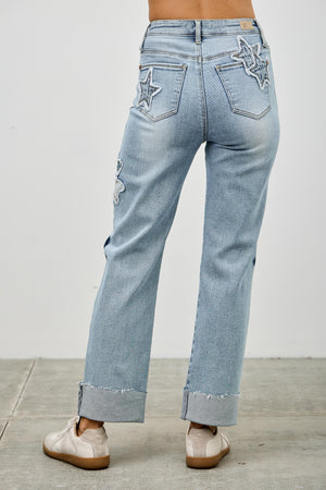 P8110L, HIGH RISE STAR & HEART PATCHED DAD JEAN W/STRETCH