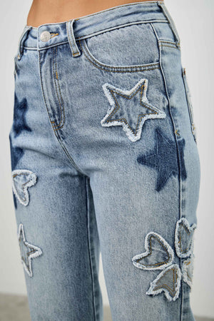 P8110L, HIGH RISE STAR & HEART PATCHED DAD JEAN W/STRETCH