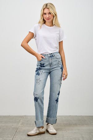 P81108L, PLUS HIGH RISE PATCHED DAD JEAN WITH STRETCH
