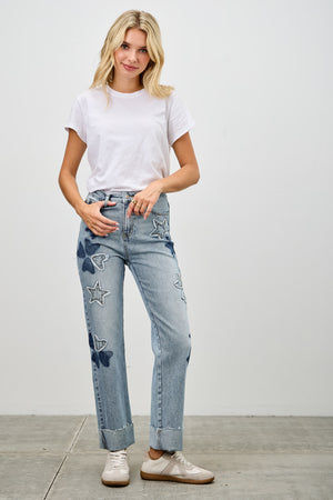 P81108L, PLUS HIGH RISE PATCHED DAD JEAN WITH STRETCH