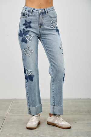 P8110L, HIGH RISE STAR & HEART PATCHED DAD JEAN W/STRETCH