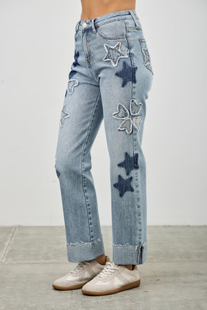 P8110L, HIGH RISE STAR & HEART PATCHED DAD JEAN W/STRETCH