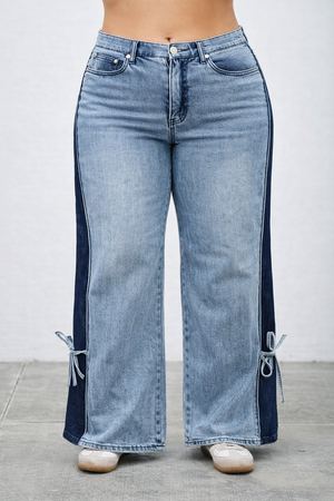 P81248ML, PLUS MID RISE CONTRAST WIDE LEG WITH TIE
