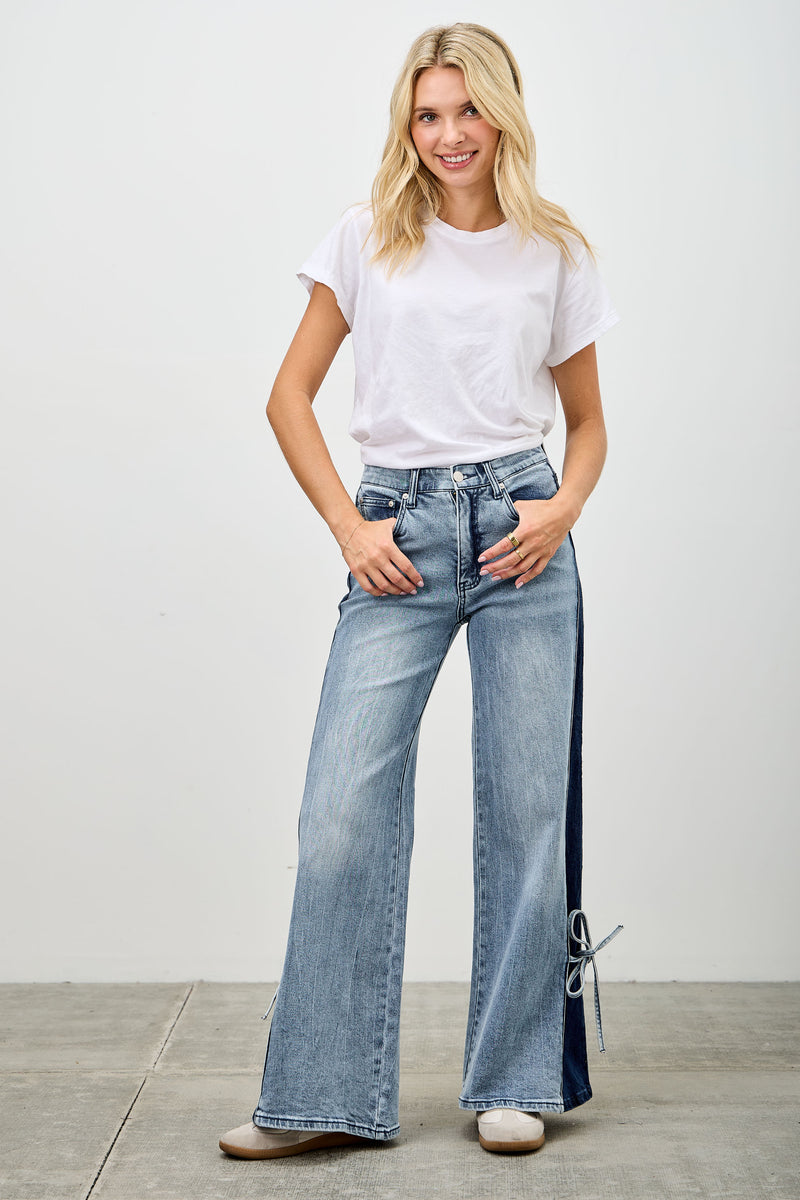 P81248ML, PLUS HIGH RISE CONTRAST WIDE LEG WITH RIBBON TIE