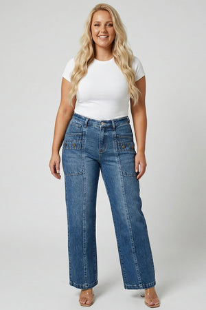P82038MD, PLUS HIGH RISE WIDE BOOCUT WITH PATCHED POCKET