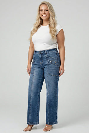 P82038MD, PLUS HIGH RISE WIDE BOOCUT WITH PATCHED POCKET