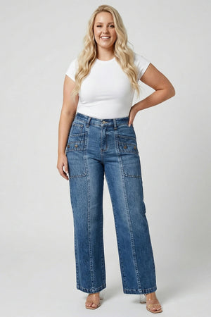 P82038MD, PLUS HIGH RISE WIDE BOOCUT WITH PATCHED POCKET