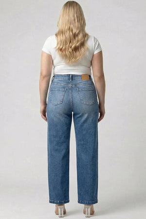 P82038MD, PLUS HIGH RISE WIDE BOOCUT WITH PATCHED POCKET