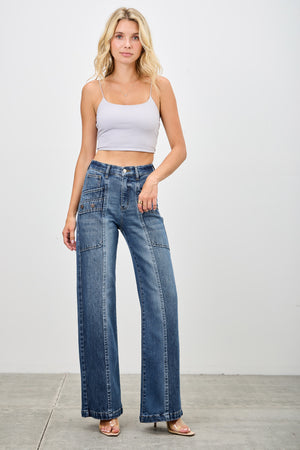 P82038MD, PLUS HIGH RISE WIDE BOOCUT WITH PATCHED POCKET