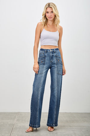 P82038MD, PLUS HIGH RISE WIDE BOOCUT WITH PATCHED POCKET