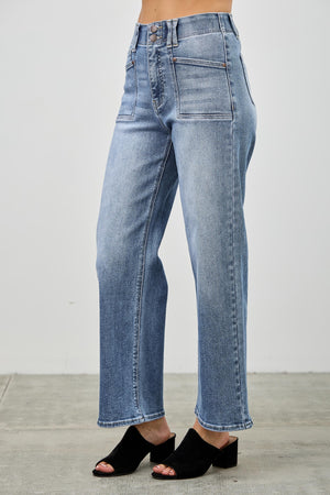 P82088M, PLUS HIGH RISE CROP STRAIGHT WITH DOUBLE BUTTON