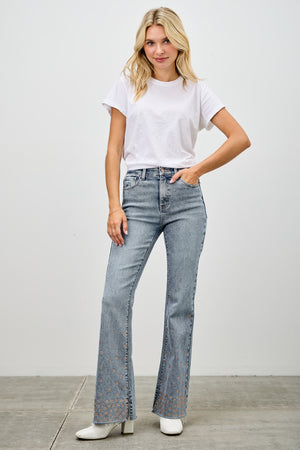 P8225L, HIGH RISE KICK FLARE WITH RHINESTONE