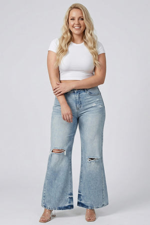 P82688ML, PLUS MID RISE WIDE FLARE WITH KNEE DESTROY