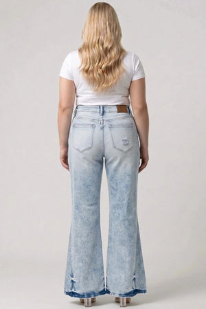 P82688ML, PLUS MID RISE WIDE FLARE WITH KNEE DESTROY