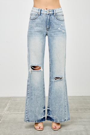 P8268ML, MID RISE WIDE FLARE WITH KNEE DESTROY