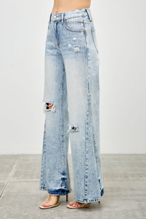 P8268ML, MID RISE WIDE FLARE WITH KNEE DESTROY