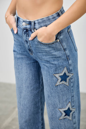 P8273M, HIGH RISE WIDE LEG WITH STAR PATCH