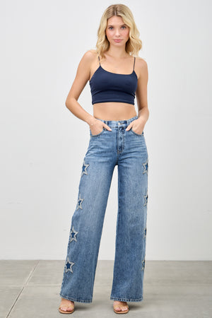 P8273M, HIGH RISE WIDE LEG WITH STAR PATCH