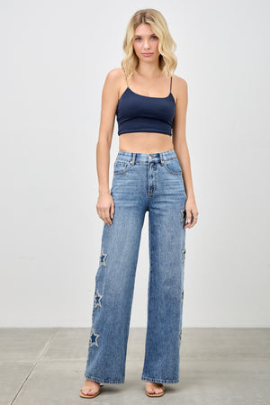 P8273M, HIGH RISE WIDE LEG WITH STAR PATCH