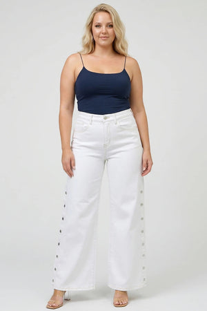 P82858WH, PLUS HIGH RISE WIDE LEG WITH SNAP BUTTONS