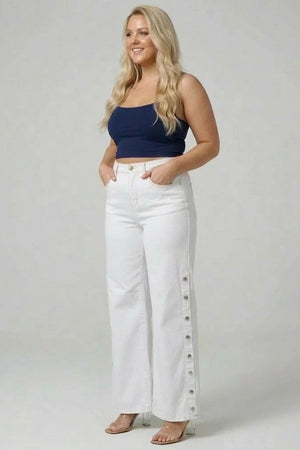P82858WH, PLUS HIGH RISE WIDE LEG WITH SNAP BUTTONS