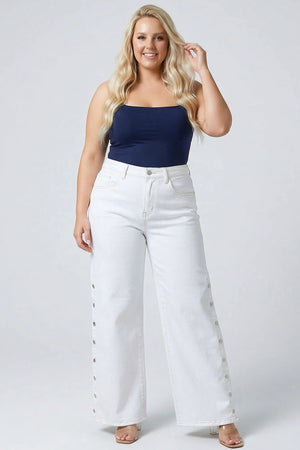 P82858WH, PLUS HIGH RISE WIDE LEG WITH SNAP BUTTONS