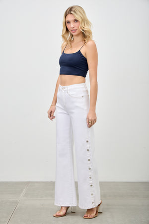 P82858WH, PLUS HIGH RISE WIDE LEG WITH SNAP BUTTONS