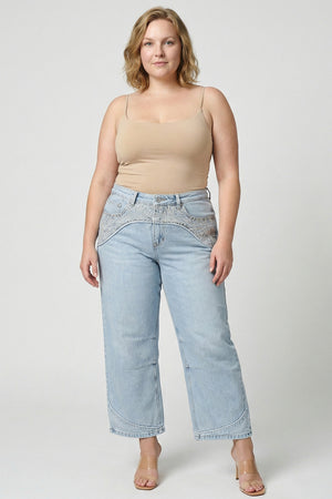 P83268L , PLUS HIGH RISE WESTERN EMBROIDERD CROP BARREL