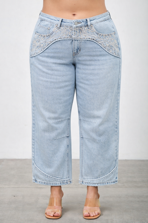 P83268L , PLUS HIGH RISE WESTERN EMBROIDERD CROP BARREL