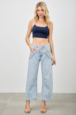 P83268L , PLUS HIGH RISE WESTERN EMBROIDERD CROP BARREL