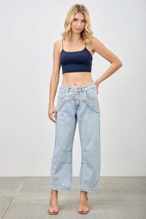 P83268L , PLUS HIGH RISE WESTERN EMBROIDERD CROP BARREL