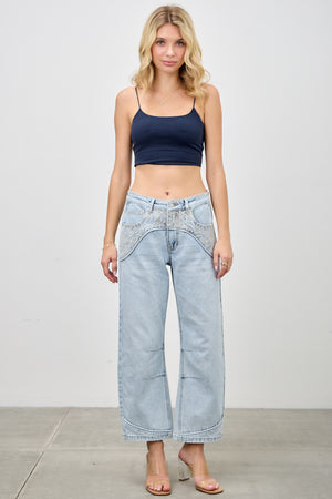 P83268L , PLUS HIGH RISE WESTERN EMBROIDERD CROP BARREL