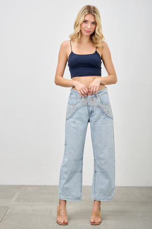 P83268L , PLUS HIGH RISE WESTERN EMBROIDERD CROP BARREL