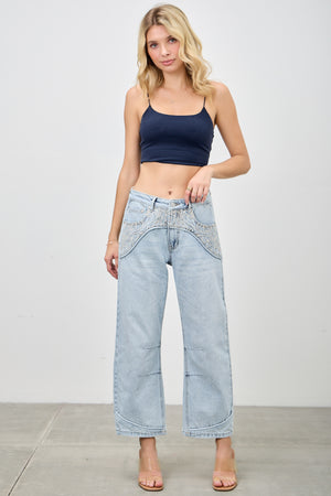 P83268L , PLUS HIGH RISE WESTERN EMBROIDERD CROP BARREL