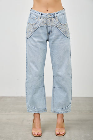 P83268L , PLUS HIGH RISE WESTERN EMBROIDERD CROP BARREL