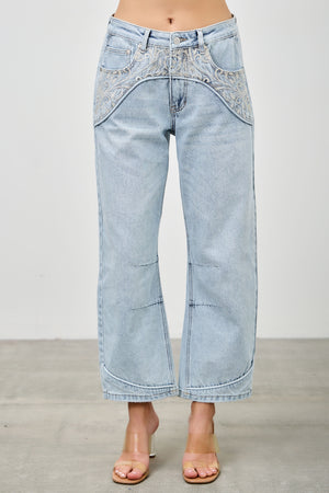 P83268L , PLUS HIGH RISE WESTERN EMBROIDERD CROP BARREL