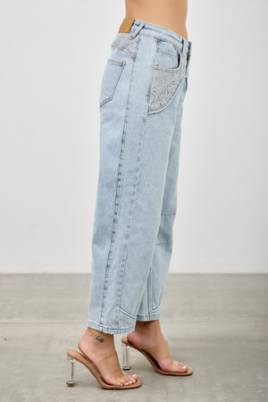 P83268L , PLUS HIGH RISE WESTERN EMBROIDERD CROP BARREL