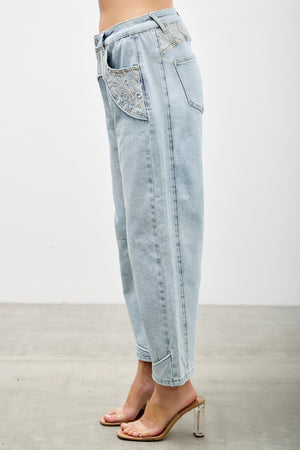 P83268L , PLUS HIGH RISE WESTERN EMBROIDERD CROP BARREL