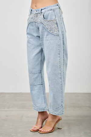 P83268L , PLUS HIGH RISE WESTERN EMBROIDERD CROP BARREL