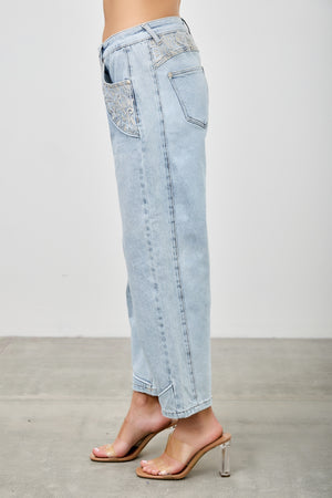 P83268L , PLUS HIGH RISE WESTERN EMBROIDERD CROP BARREL