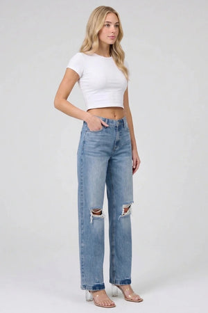 P8330M, MID RISE RELAXED STRAIGHT WITH DESTRUCTED KNEE 